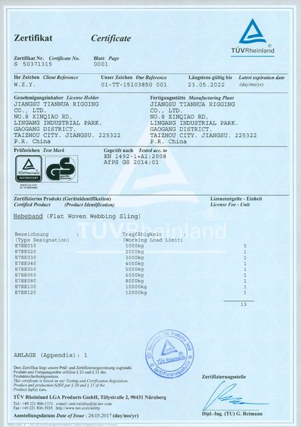 China JiangSu Tianhua Rigging Co., Ltd certification